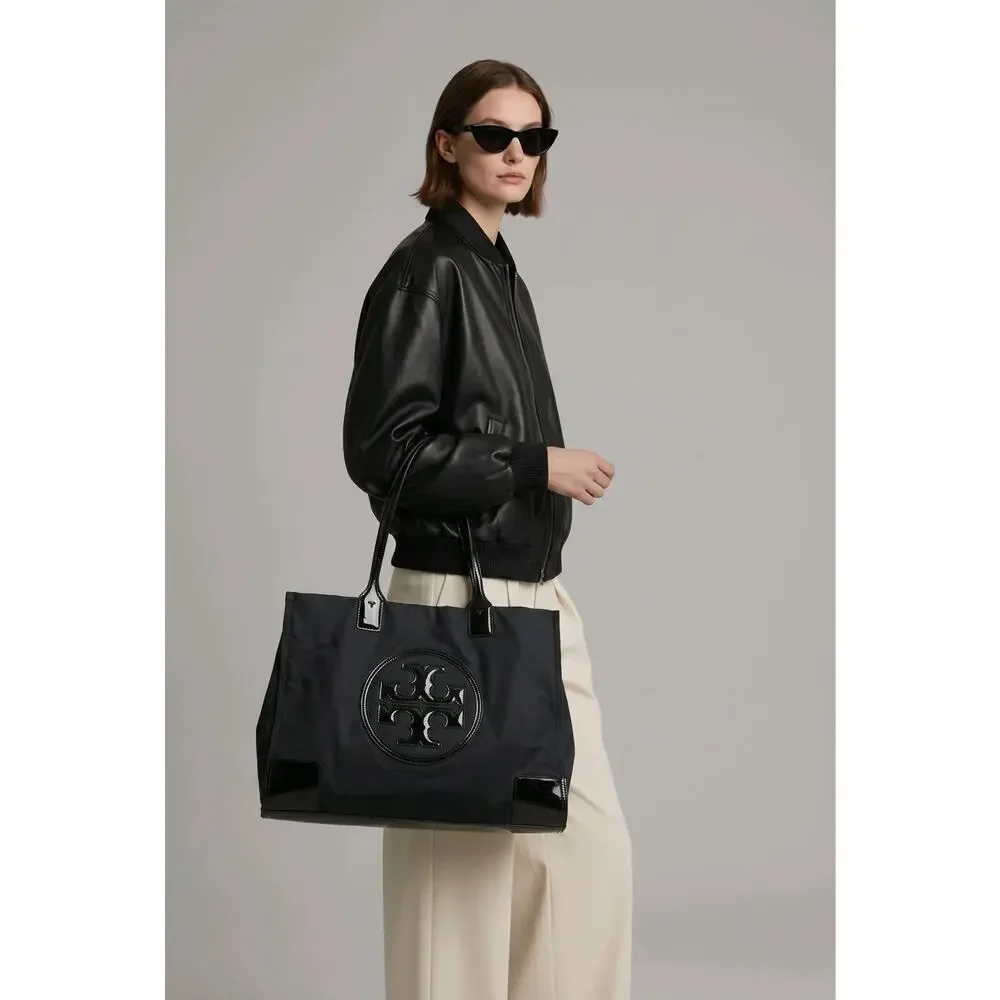 Tory Burch X2108 Black Patent Leather Nylon Large Tote Size 17x13x5 in